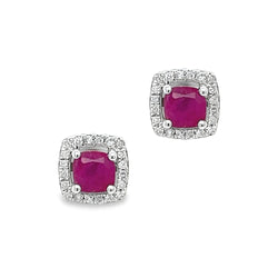 9ct White Gold Ruby & Diamond Square Cushion Cut Earrings