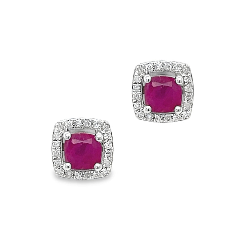 9ct White Gold Ruby & Diamond Square Cushion Cut Earrings