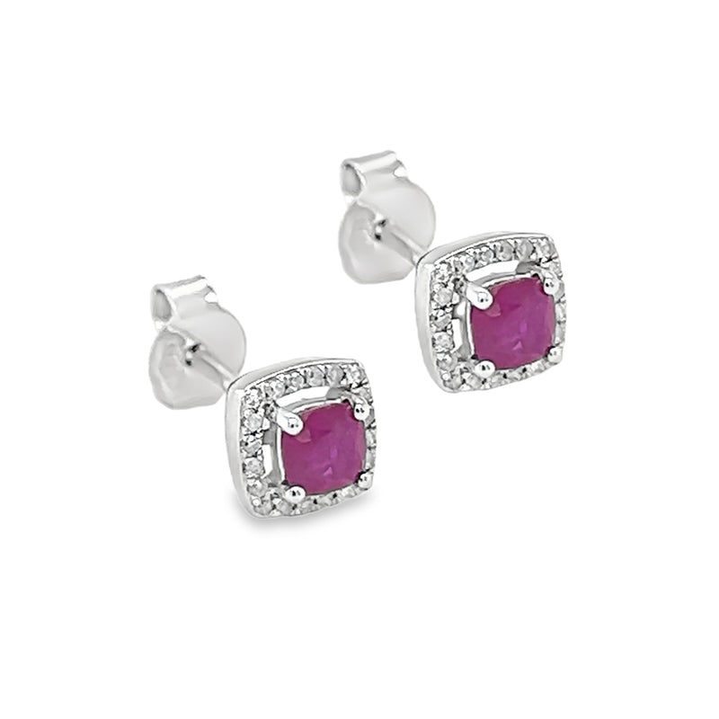 9ct White Gold Ruby & Diamond Square Cushion Cut Earrings side