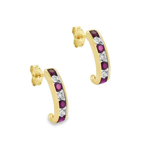 Ruby & Diamond Half Hoop Earrings 9ct Gold side