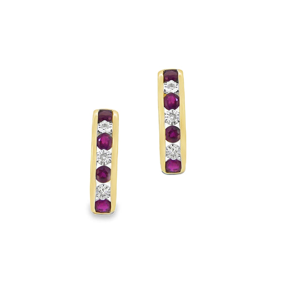 Ruby & Diamond Half Hoop Earrings 9ct Gold