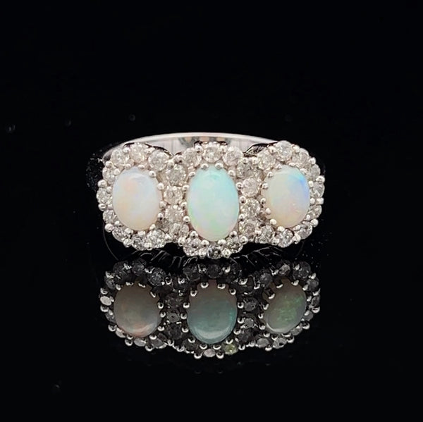 Opal 3 Stone Cluster Ring 18ct White Gold