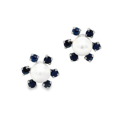 Pre Owned Pearl & Sapphire Earrings 18ct White Gold