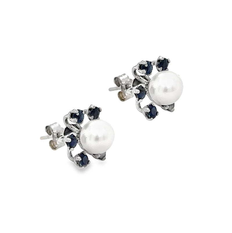 Pre Owned Pearl & Sapphire Earrings 18ct White Gold side