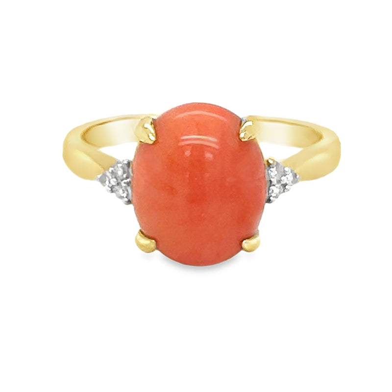 Coral & Diamond Ring 9ct Yellow Gold