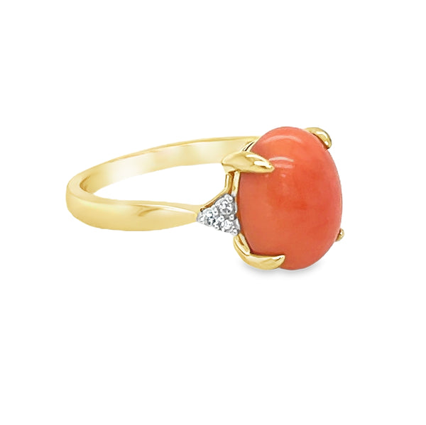 Coral & Diamond Ring 9ct Yellow Gold side