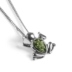 Henryka Miniature Friendly Frog Necklace in Silver and Green Amber