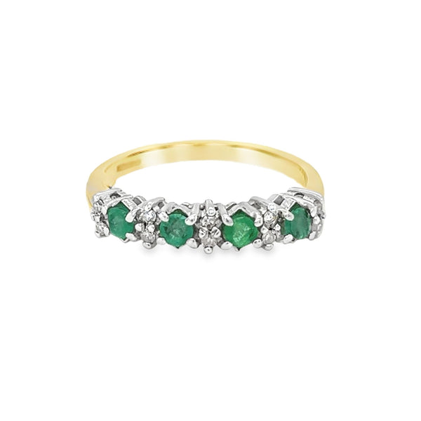 Emerald & Diamond 14 Stone Eternity Ring 9ct Yellow Gold