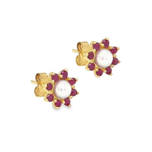 Ruby & Pearl Cluster Earrings 9ct Gold side