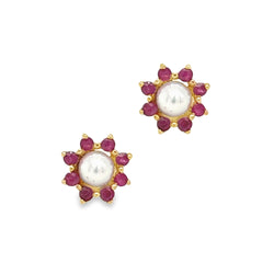 Ruby & Pearl Cluster Earrings 9ct Gold