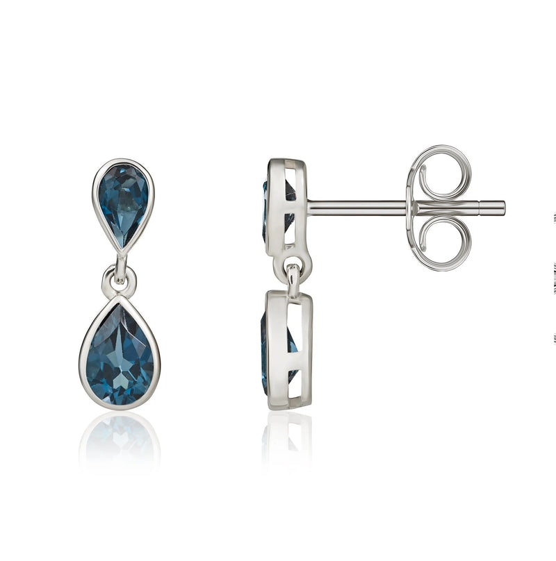 9ct White Gold Double London Blue Topaz Drop Earrings