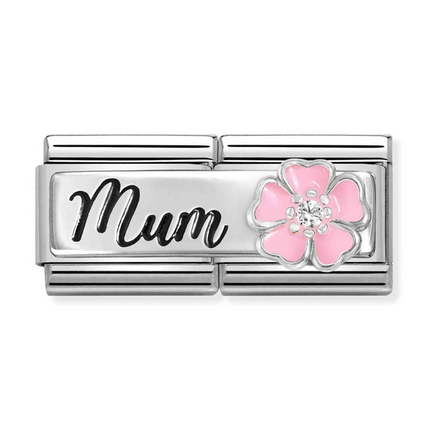 Nomination Double Link Mum Pink Flower with CZ Charm in Silver