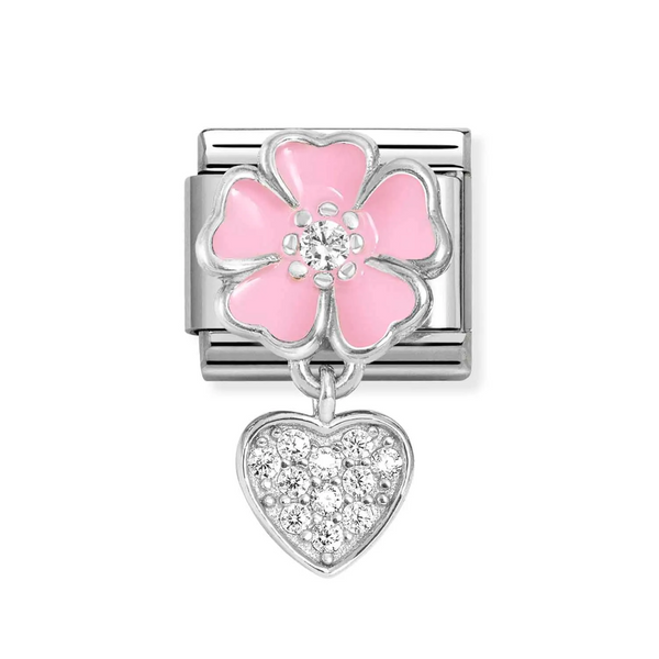 Nomination Classic Link Pendant Pink Flower & Heart CZ Charm in Silver