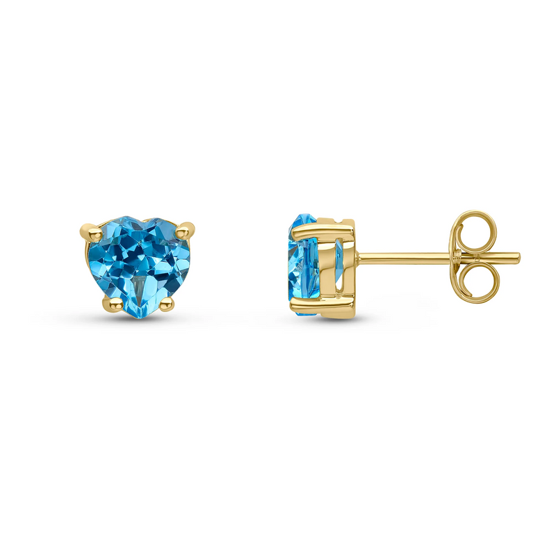 9ct Yellow Gold Claw Set Heart Cut Blue Topaz Stud Earrings