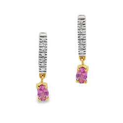 9ct Gold Oval Pink Sapphire & Diamond Drop Earrings