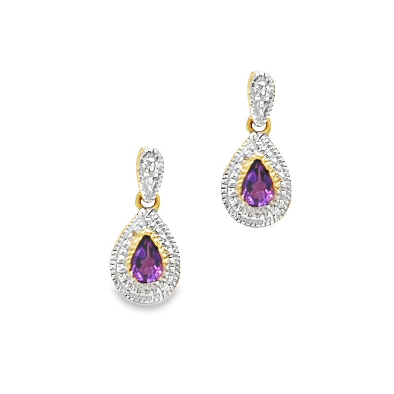 Amethyst & Diamond Teardrop Earrings 9ct Gold