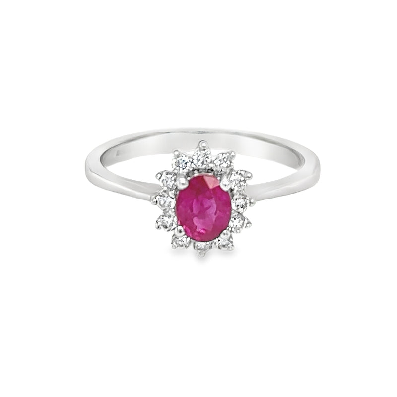 18ct White Gold Oval Ruby & Diamond Cluster Ring