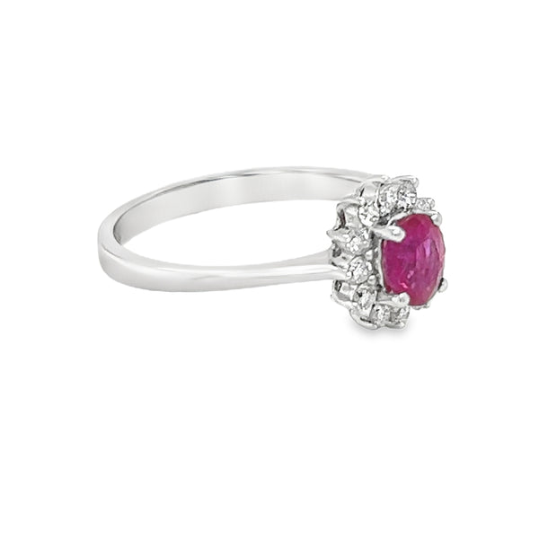 18ct White Gold Oval Ruby & Diamond Cluster Ring side