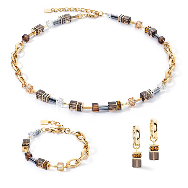 Coeur De Lion GeoCUBE® Chunky Chain Necklace Gold-Brown set
