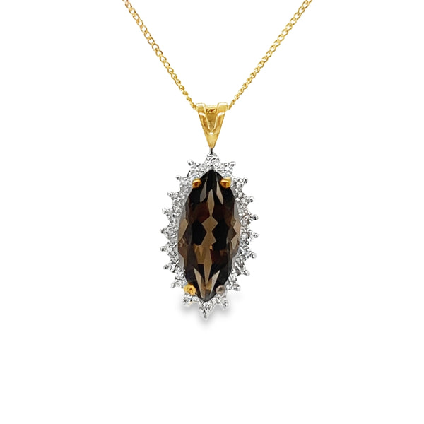 9ct Gold Marquise Smokey Quartz & Diamond Pendant