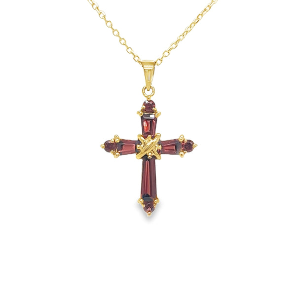 9ct Yellow Gold Garnet Set Cross Pendant