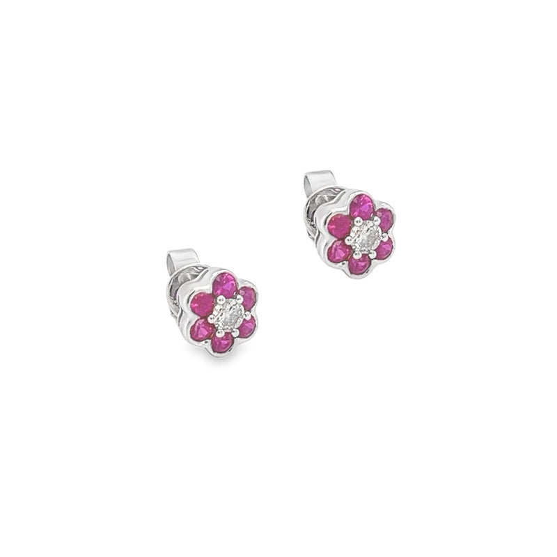 18ct White Gold Ruby & Diamond Daisy Earrings