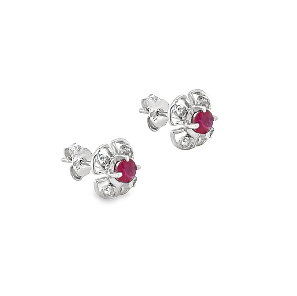 18ct White Gold Round Ruby & Diamond Cluster Earrings side