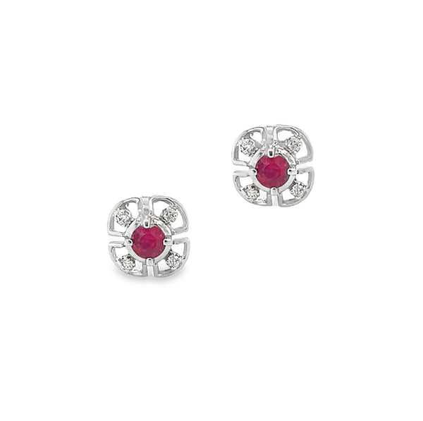 18ct White Gold Round Ruby & Diamond Cluster Earrings