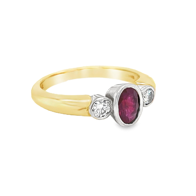 Ruby & Diamond 3 Stone Ring 18ct Gold side