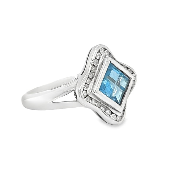 Blue Topaz & Diamond Square Ring 9ct White Gold side