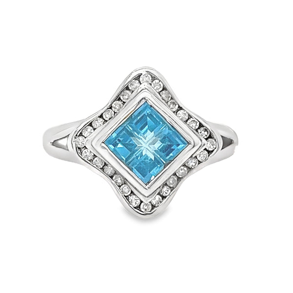 Blue Topaz & Diamond Square Ring 9ct White Gold