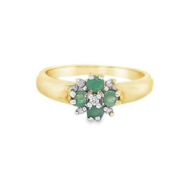 4 Stone Emerald & Diamond Ring 9ct Yellow Gold