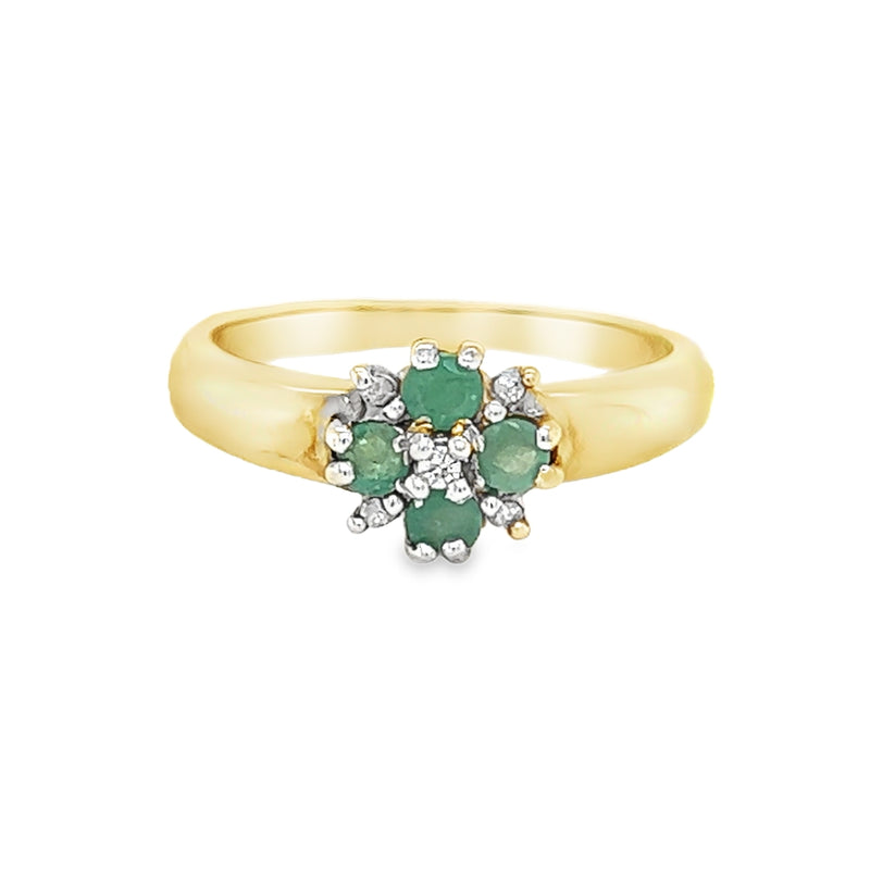 4 Stone Emerald & Diamond Ring 9ct Yellow Gold