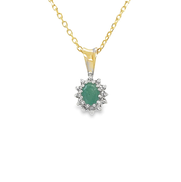 9ct Gold Classic Oval Emerald & Diamond Cluster Pendant