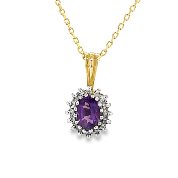 Amethyst & Diamond Oval Pendant 9ct Gold