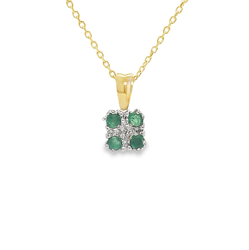 9ct Gold Emerald & Diamond Square Pendant