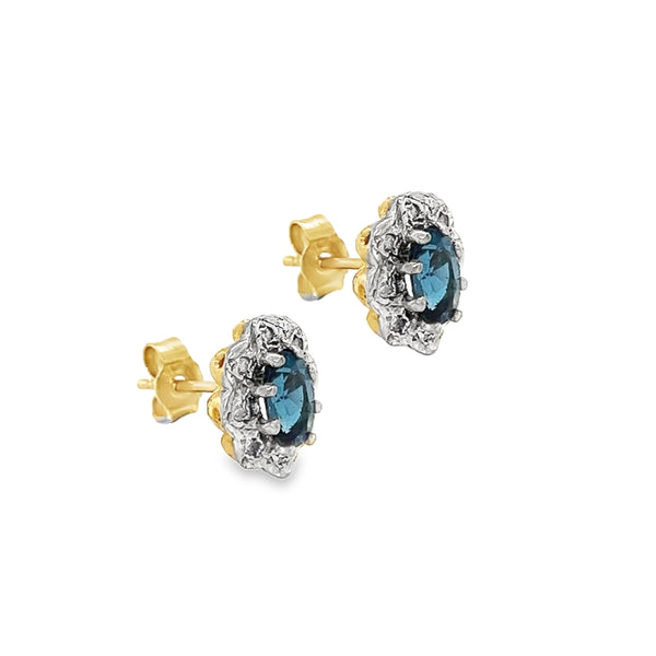 9ct Gold Blue Topaz & Diamond Cluster Earrings side