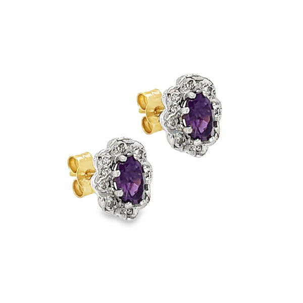 9ct Gold Amethyst & Diamond Cluster Earrings side