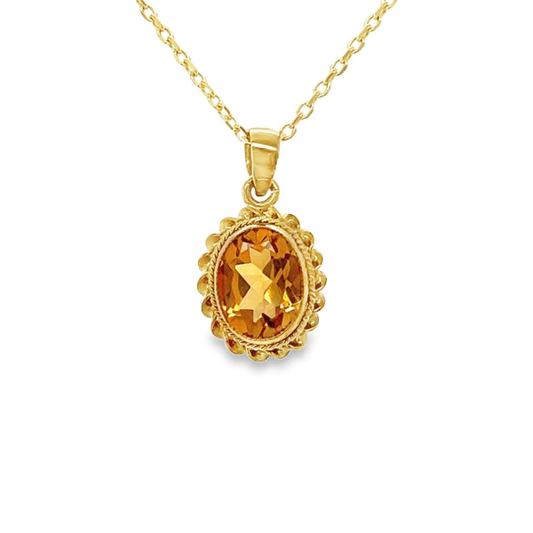 9ct Gold Oval Citrine Rope Edge Pendant