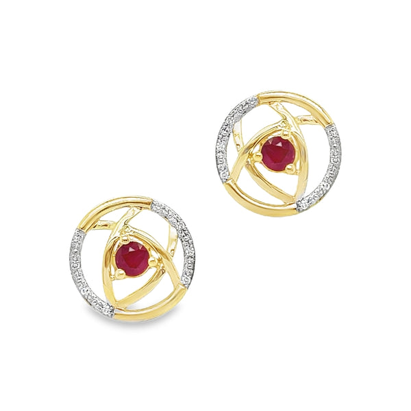 9ct Gold Ruby & Diamond Round Earrings by Amore