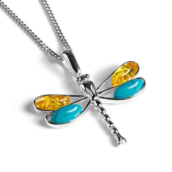 Henryka Small Dragonfly Necklace in Silver Turquoise and Amber