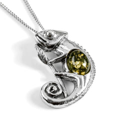 Henryka Climbing Chameleon Necklace in Silver and Green Amber