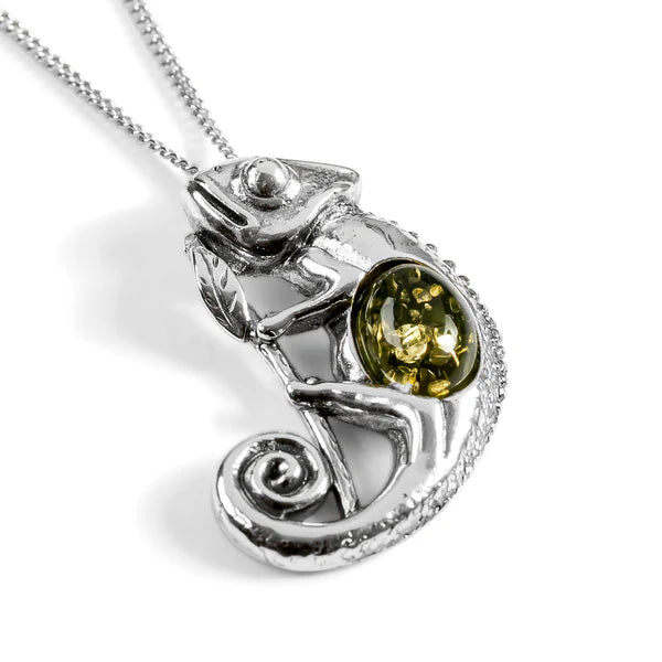 Henryka Climbing Chameleon Necklace in Silver and Green Amber