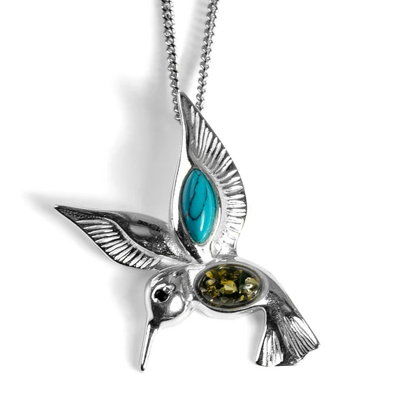 Henryka Humming Bird Necklace in Silver and Green Amber and Turquoise