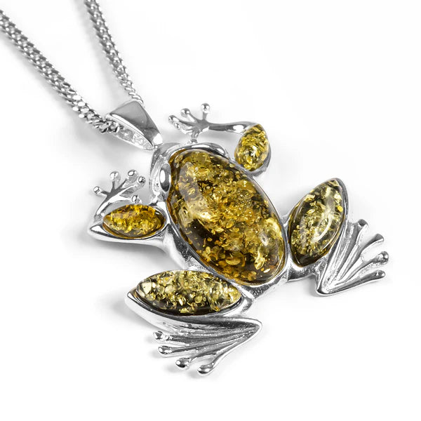 Henryka Little Speckled Frog Necklace in Silver and Green Amber