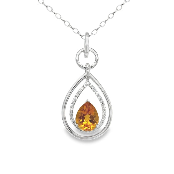 9ct White Gold Pear Cut Citrine & Diamond Pendant