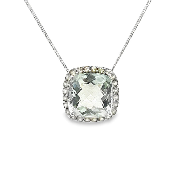 Cushion Cut Green Amethyst Pendant 9ct White Gold