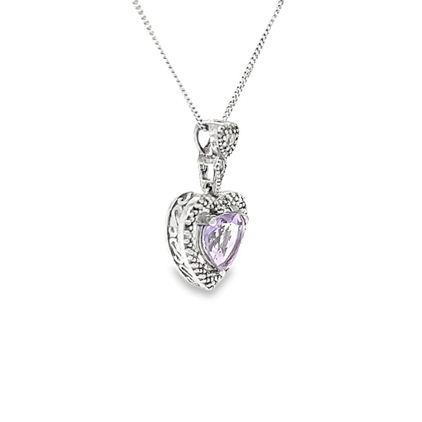 Heart Shaped Amethyst & Diamond 9ct White Gold Pendant side