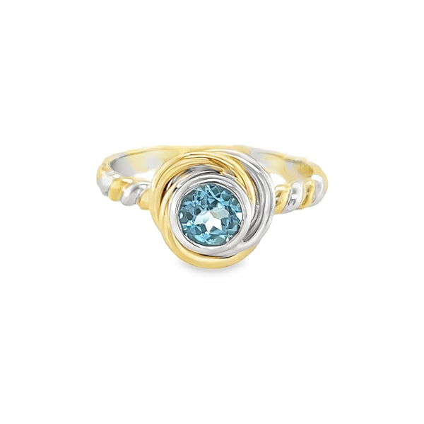 Blue Topaz Knot Ring by Amore 9ct Yellow & White Gold