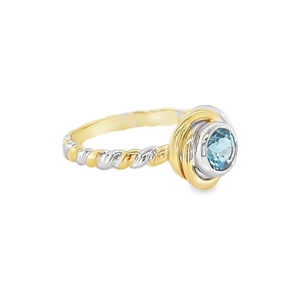 Blue Topaz Knot Ring by Amore 9ct Yellow & White Gold side